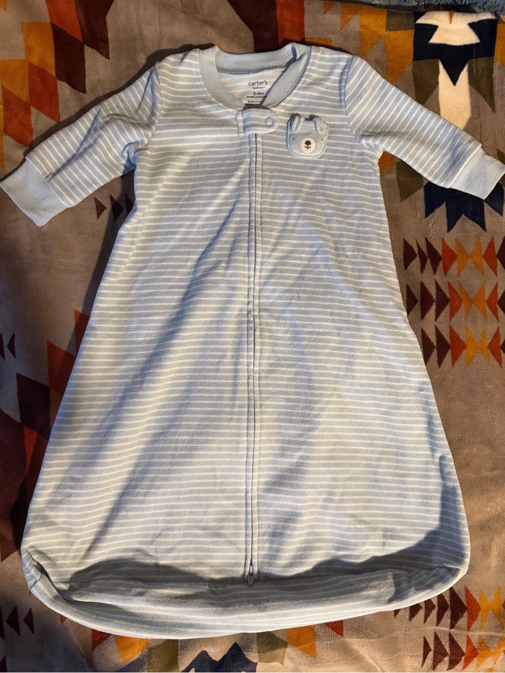 Carter's Light Blue and White Striped Baby Sleep Sack with Bear Patch